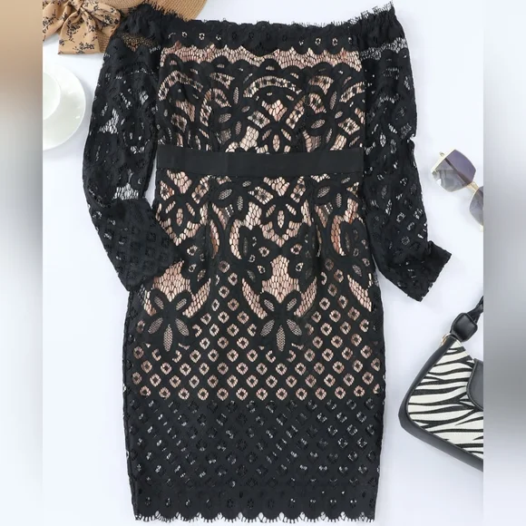 Black Off-Shoulder Long Sleeve Lace Dress - Picture 5 of 7